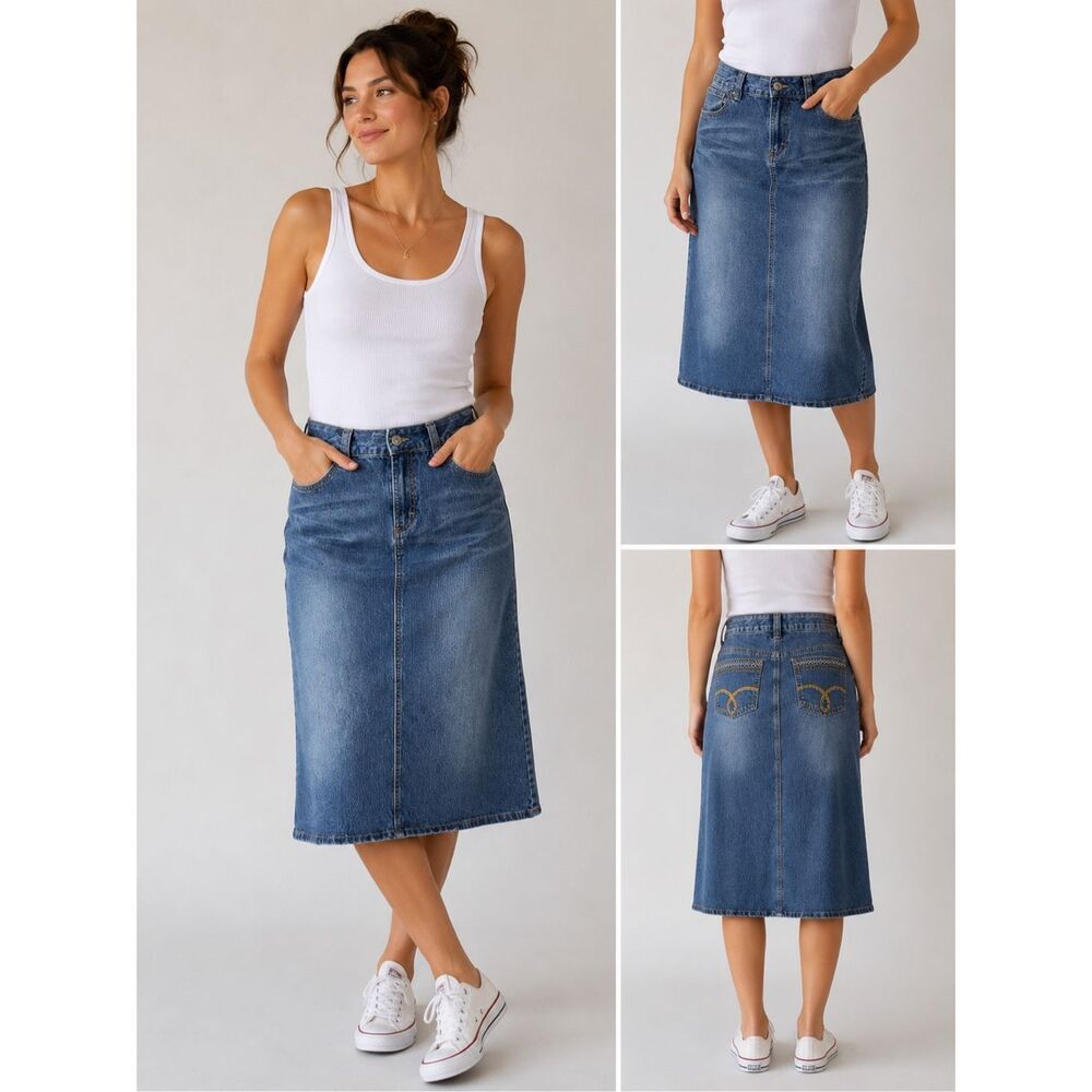CATO Denim Midi Skirt Size 16 Blue Stretch A-Line Casual Jean Skirt
